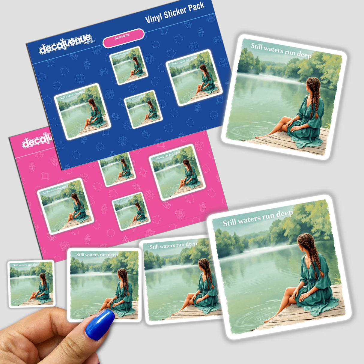 Sticker or digital artwork titled Woman on a Wooden Pier by a Lake – 'Still waters run deep', depicting a woman sitting on a dock, highlighting tranquility and reflection.