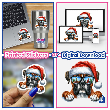 Peeking Santa Christmas Boxer Dog featuring a dog in a Santa hat and sunglasses; available as stickers or digital artwork, ideal for laptops and cups.