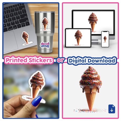 Whimsical chocolate ice cream cone with colorful sprinkles, featured as a digital artwork available for download or as printed stickers from the Decal Venue online store.