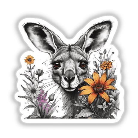 Floral Kangaroo Portrait - Colorful digital artwork with a close-up view of a kangaroo surrounded by vibrant flowers, including yellow daisies, against a white background.