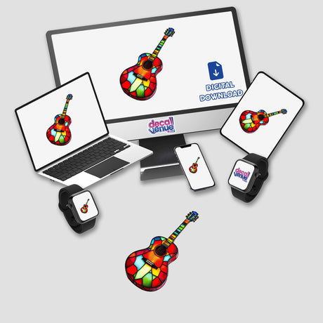 Guitar Stained Glass Style design displayed on various screens, showcasing its availability as stickers or digital artwork. The intricate pattern highlights Decal Venue's unique art offerings.