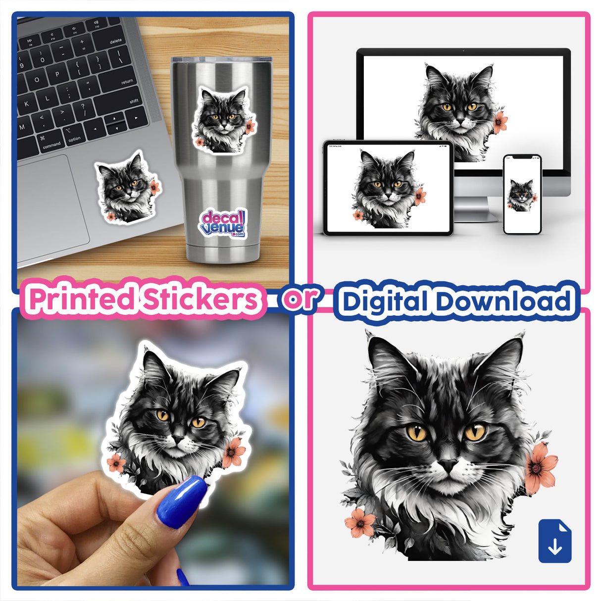 Beautiful Cat Portrait Floral Accents PA10: collage shows a laptop with a cat sticker, close-up of a hand holding the sticker, and a cup with the same sticker.