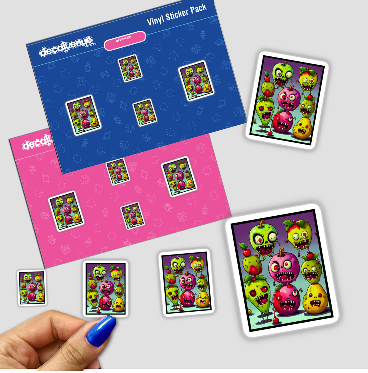 Zombie Fruit Seasons Greeting stickers feature whimsical cartoon fruits with expressive faces, perfect for adding a playful touch to your collection or digital art portfolio from Decal Venue.