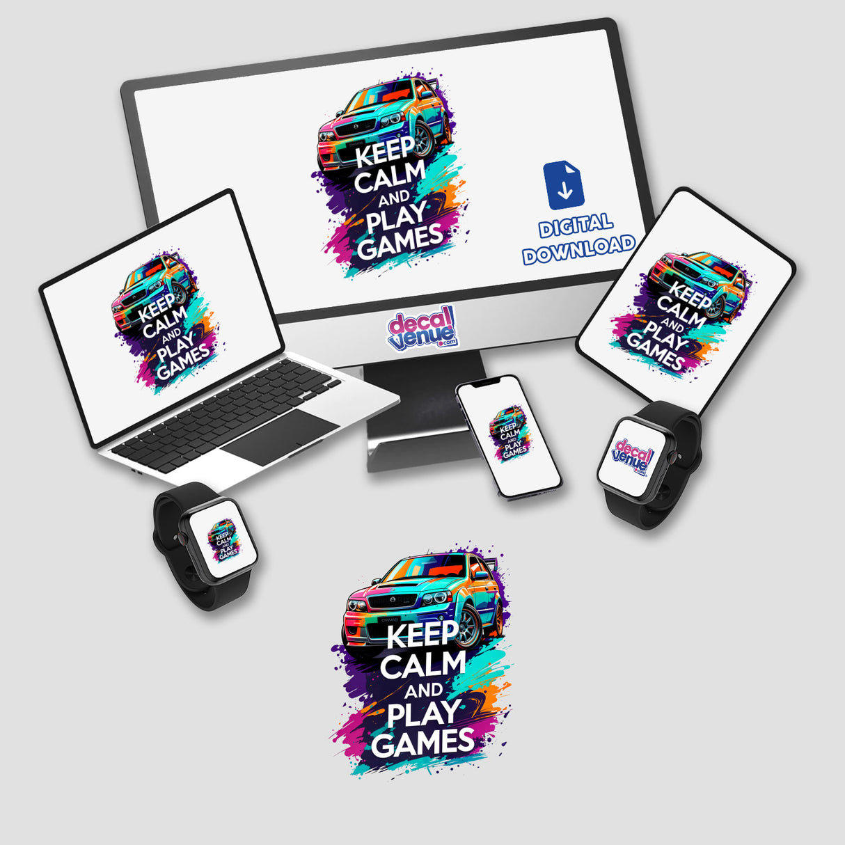 Keep Calm And Play Games Gaming Quote displayed on a computer monitor, with additional tech devices like a laptop and smartphone nearby, emphasizing a digital artwork or sticker theme.