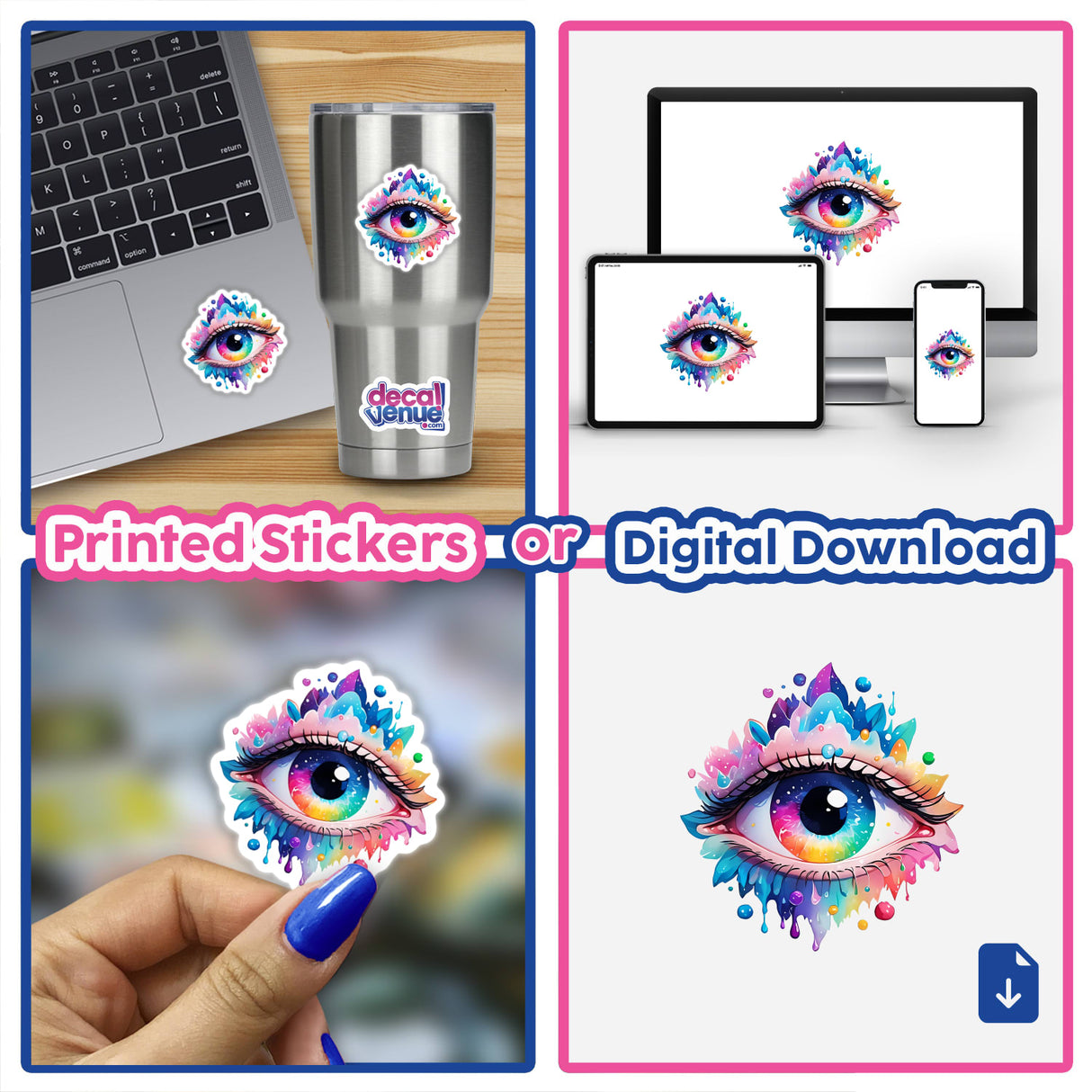 Collage of a laptop, cup, and fingernail, each adorned with the Colorful Splash Third Eye Sticker, featuring a vibrant eye design.