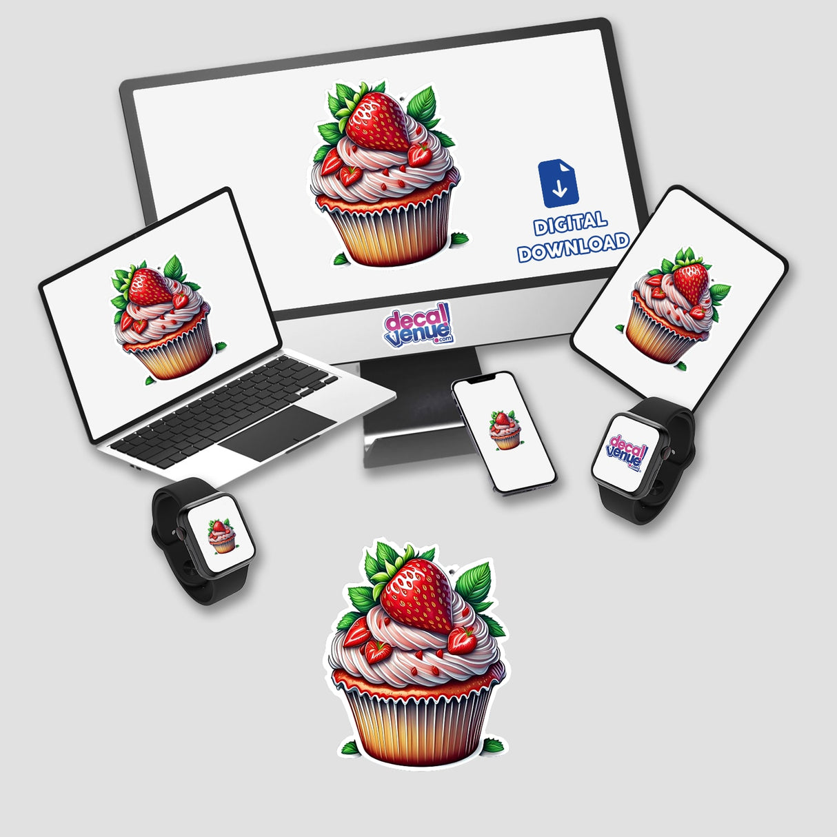 Delectable strawberry cupcake with luscious cream and fresh berries, perfect digital artwork for Decal Venue's sticker collection.