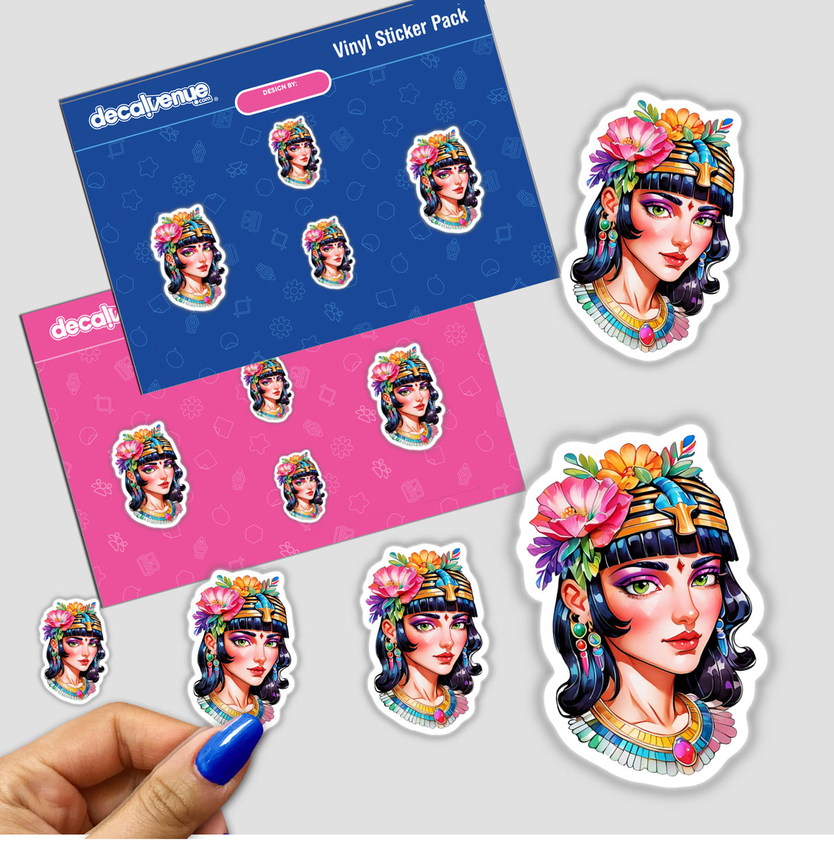 Alluring Egyptian Queen sticker pack featuring cartoon women with flowers in their hair, available as stickers or digital artwork. Includes close-up of hand holding a sticker.