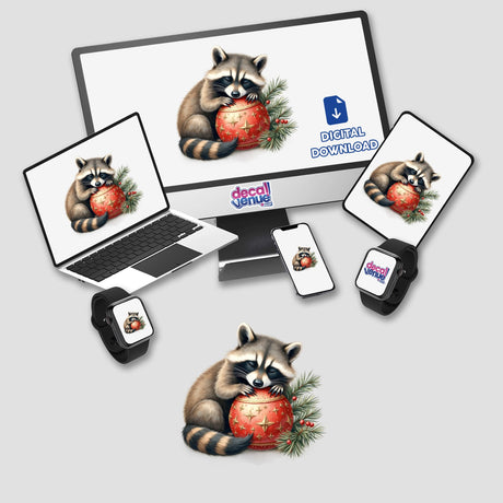 Raccoon Sleeping on Christmas Ornament depicted on a computer monitor and laptop, showcasing a raccoon gently holding a festive ornament, available as stickers or digital artwork from Decal Venue.