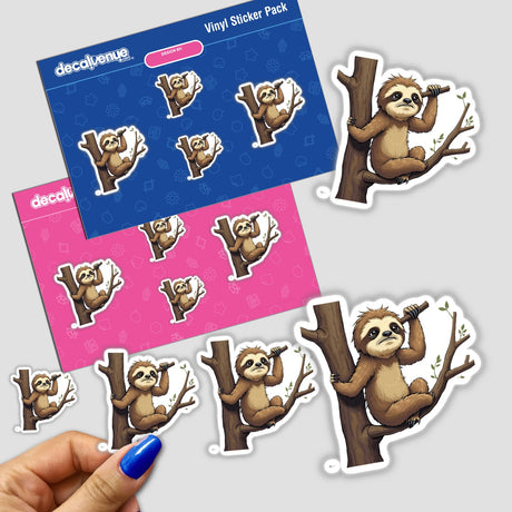 Adorable Sloth Climbing Tree sticker pack featuring cartoon sloths on trees, perfect for adding a playful touch to your belongings. Available as stickers or digital artwork from Decal Venue.