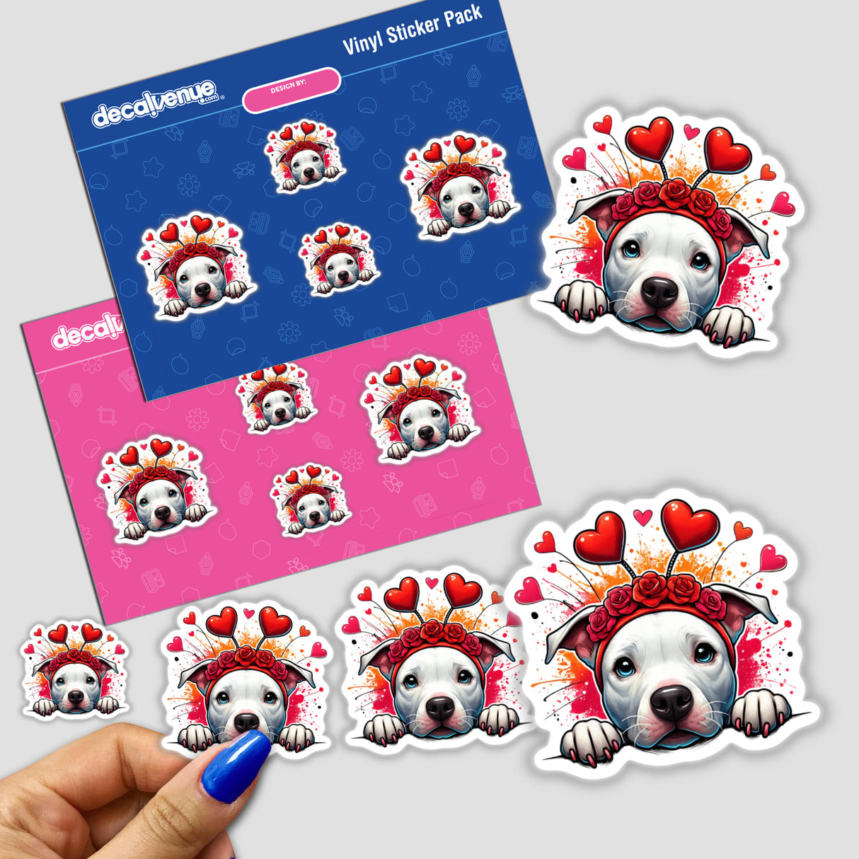 Splatter Hearts Peeking Pitbull Dog II sticker features a cartoon Pitbull with hearts on its head, available as stickers or digital artwork, showcasing Decal Venue's unique vinyl designs.