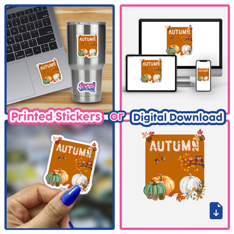 Autumn-themed laptop stickers featuring pumpkins and leaves, displayed on a laptop. Available as both physical stickers and digital artwork, capturing the essence of the season.