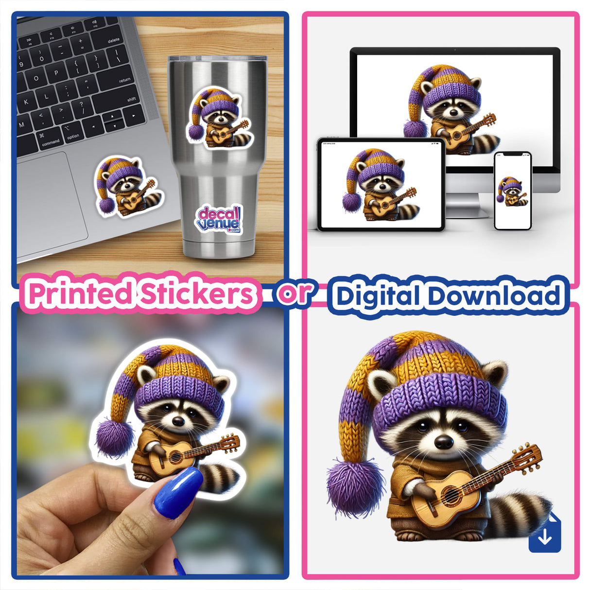 Whimsical raccoon gnome playing guitar in a sticker, digital download or product mockup, showcasing the charming digital artwork from Decal Venue.