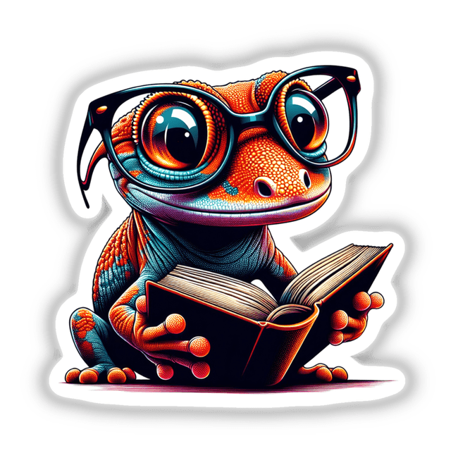 Gecko With Reading Glasses Open Book: A whimsical cartoon lizard wearing glasses engrossed in a book, available as unique stickers or digital artwork from Decal Venue.