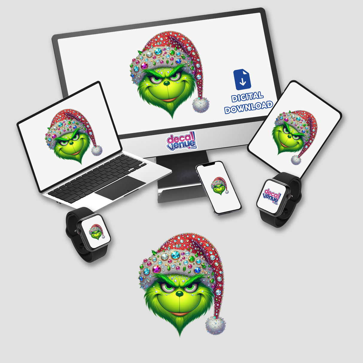 Green Grouch Christmas Face with Jeweled Santa Hat II displayed on a computer monitor and laptop, showcasing unique digital artwork available as stickers from Decal Venue.