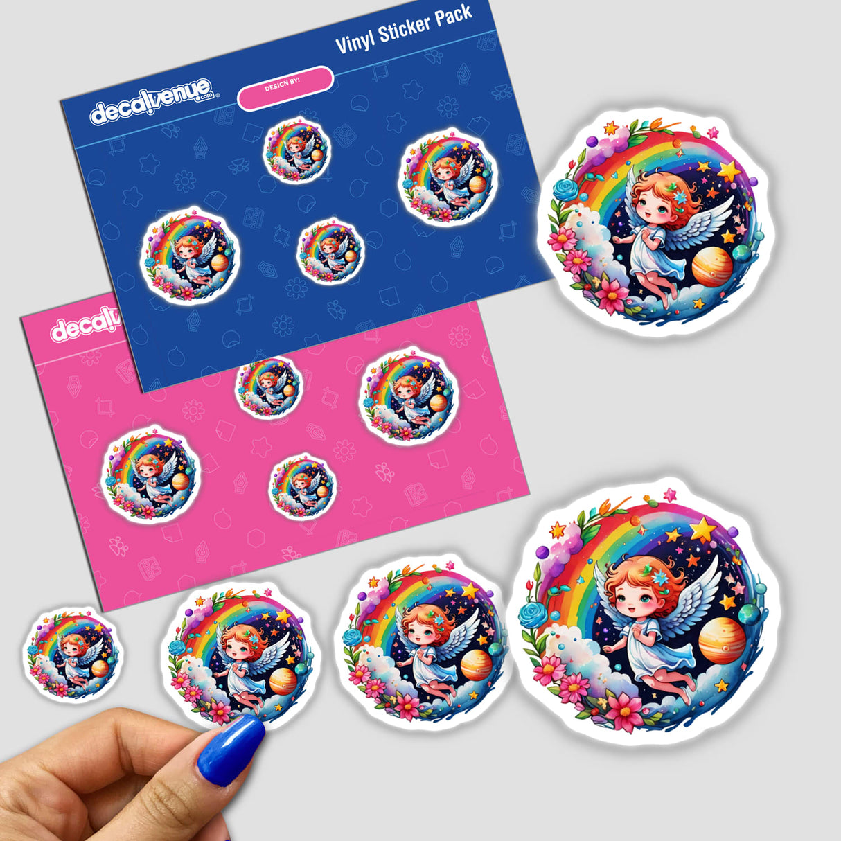 Cute Cosmic Angel: Flying Through Stars and Planets stickers featuring cartoon angels, rainbows, and flowers. Close-up view of detailed designs, perfect for adding a whimsical touch to your collection.