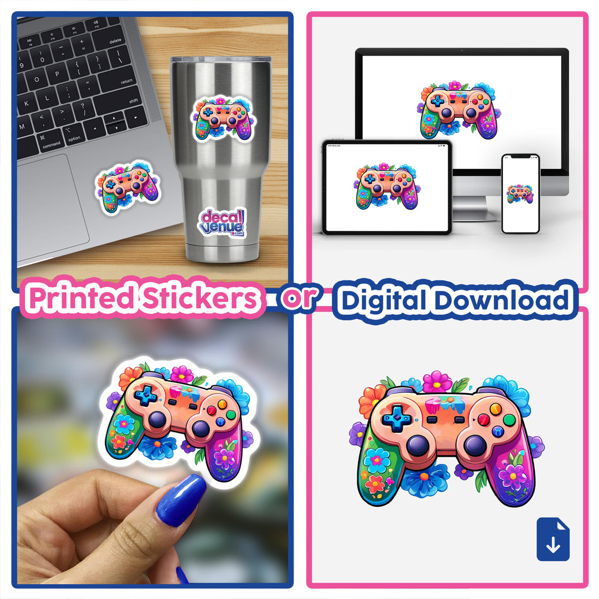 Colorful Gamer: Rainbow Floral Splash Controller Sticker on a laptop amidst a collage of stickers, including a flower sticker on a cup and various close-ups.