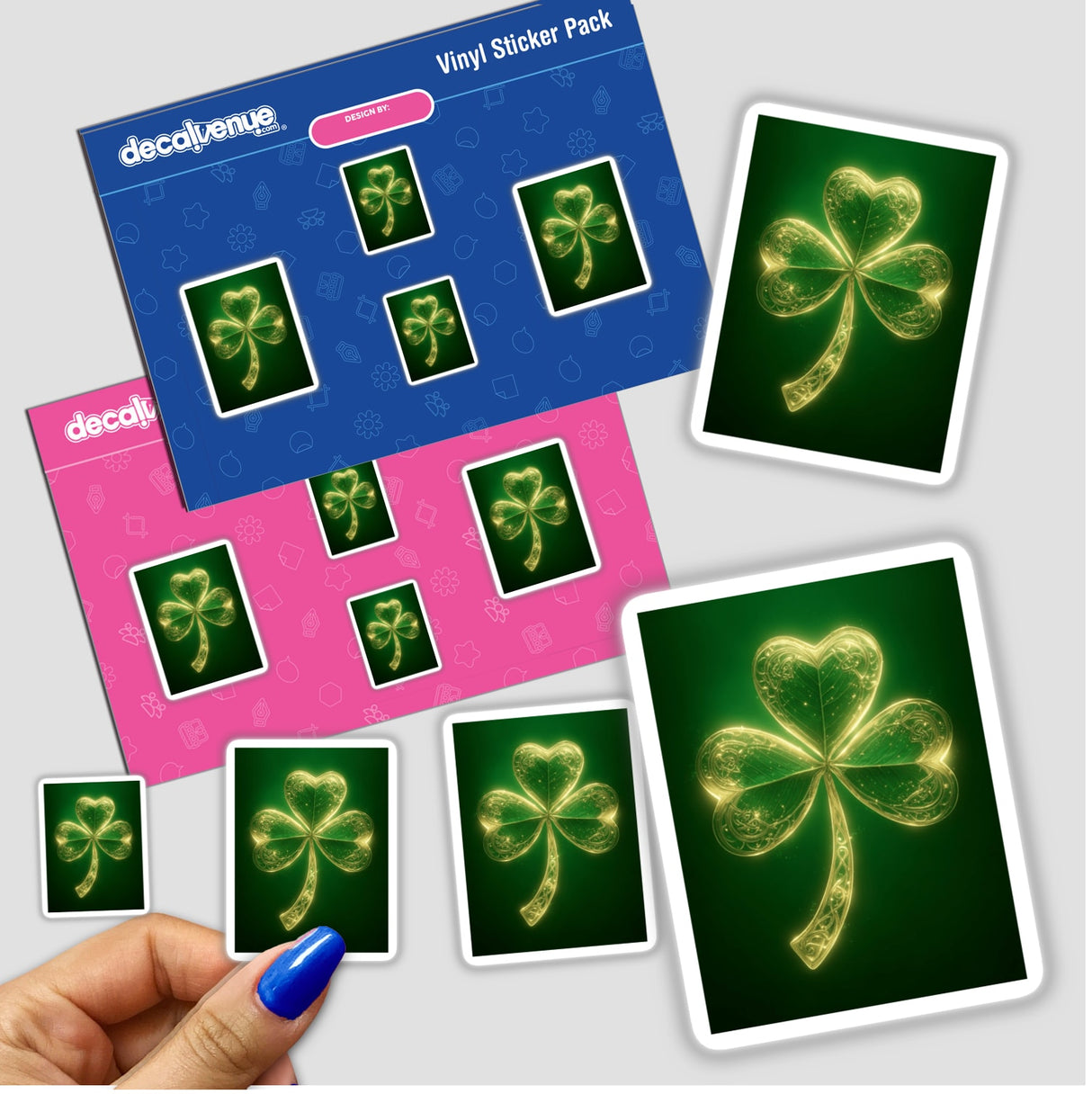 Radiant Shamrock – Glowing Golden Clover with Intricate Celtic Details. Features a green shamrock sticker with a gold design, perfect for adding a unique touch to your collection.