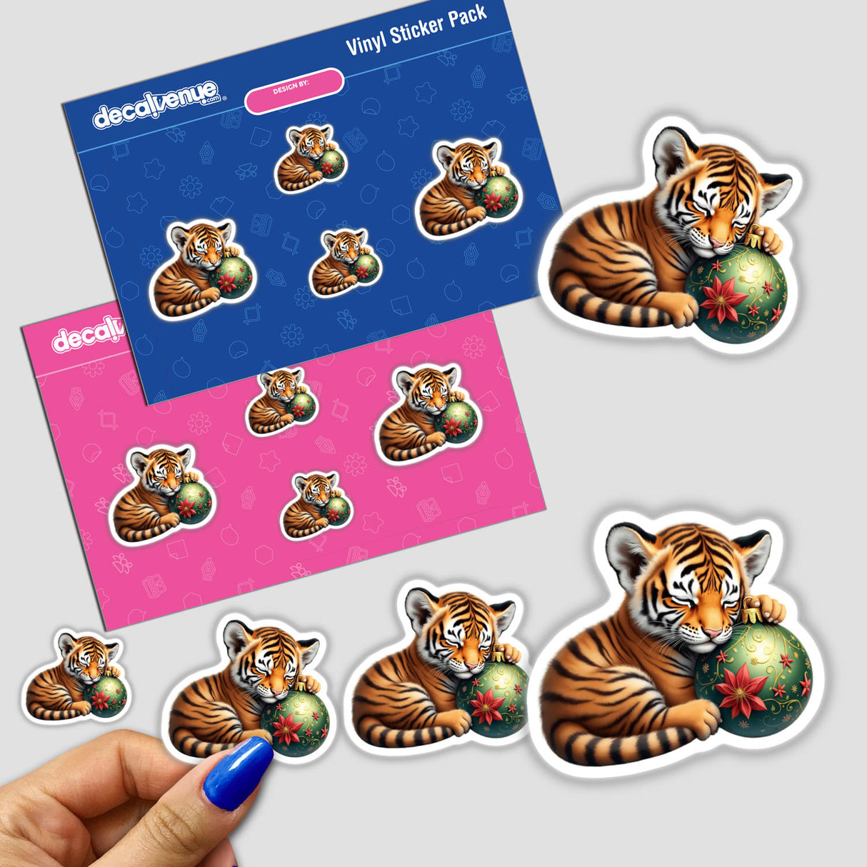 Tiger Cub Sleeping on Christmas Ornament stickers, featuring cartoon tigers holding festive ornaments. Available as unique stickers or digital artwork, reflecting Decal Venue's distinct style.