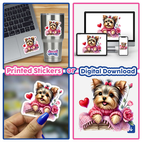 Watercolor Hearts and Roses Yorkie Dog sticker featuring a Yorkie in a sweater adorned with flowers, available as part of Decal Venue's unique stickers and digital art collection.