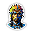 A Native American Warrior Chief depicted with a vibrant feathered headdress, available as stickers or digital artwork, showcasing intricate face paint and detailed features.