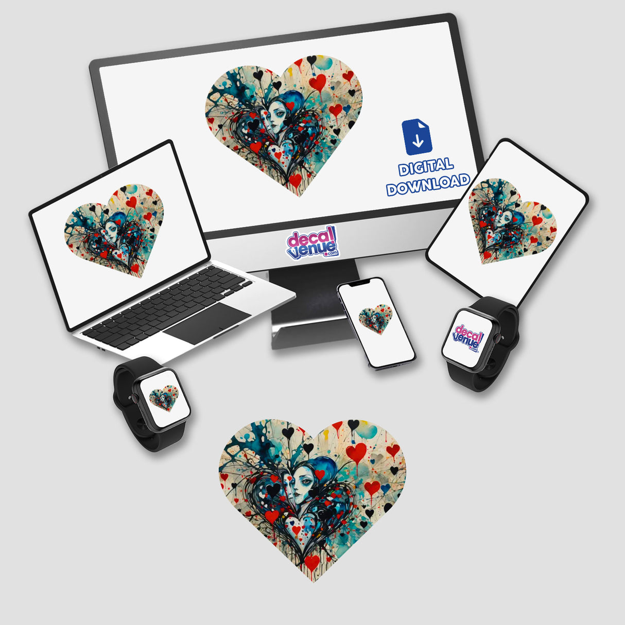 Laptop, phone, and tablet displaying It's about Love with heart designs, available as stickers or digital artwork from Decal Venue.