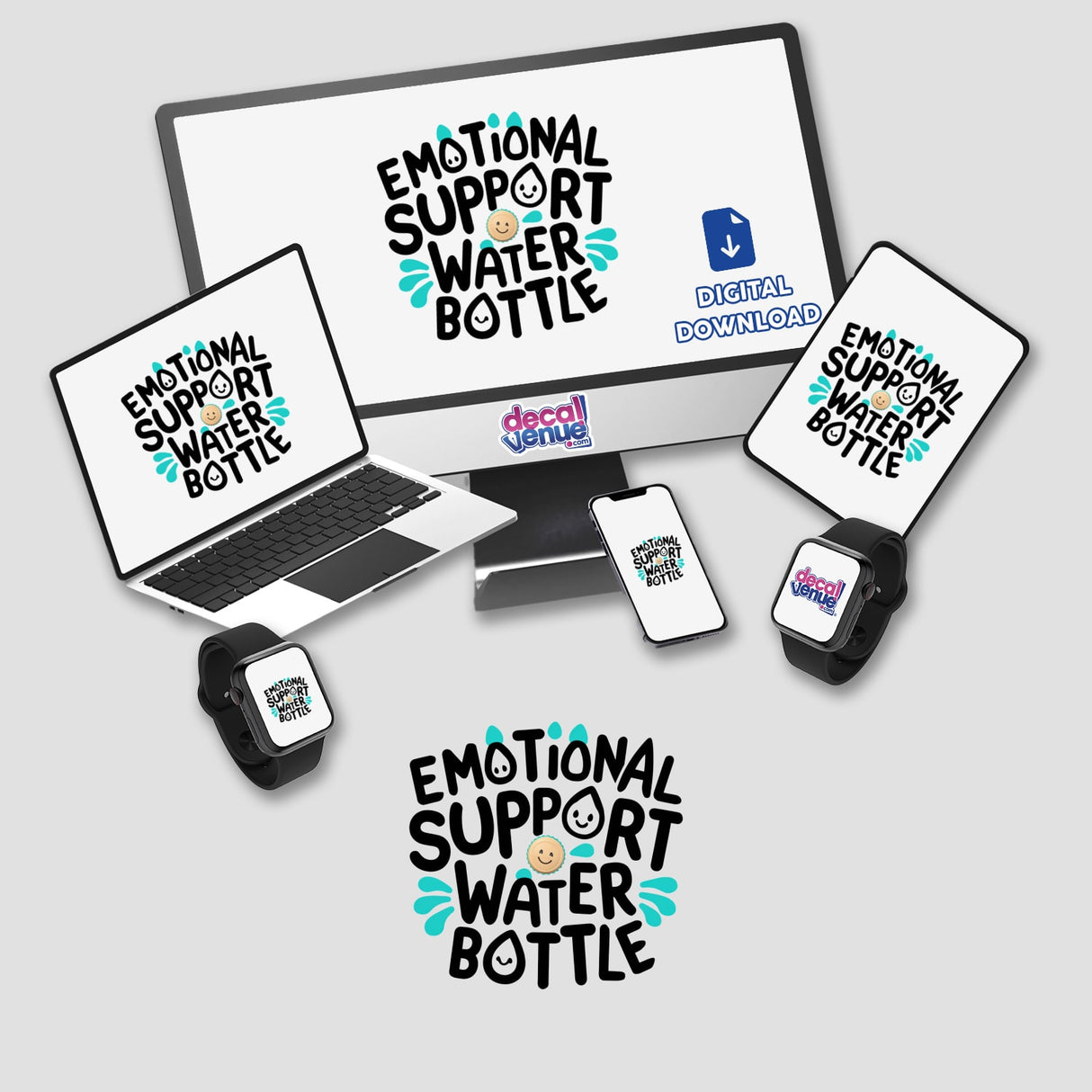 Colorful digital artwork featuring an "Emotional Support Water Bottle" design displayed across various digital devices, including a laptop, smartphone, and smartwatch. The design incorporates playful typography and graphics, showcasing the whimsical nature of this unique digital product.