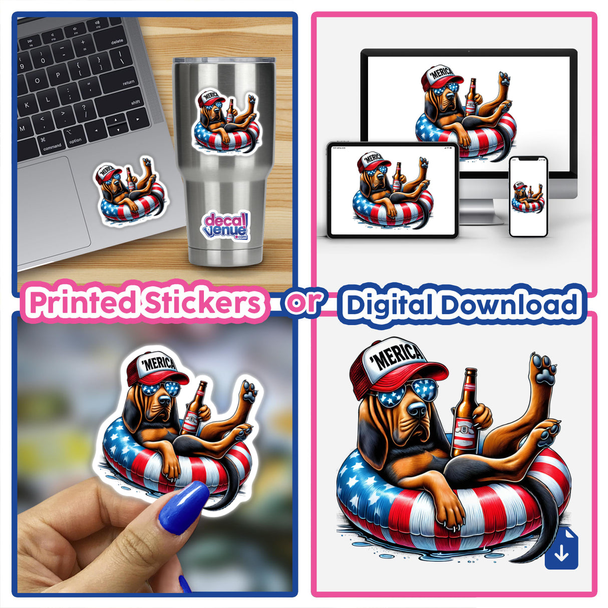 Patriotic Bloodhound dog in American flag-themed float, available as printed stickers or digital download from DecalVenue online store.