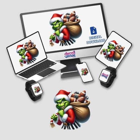 Green Grouch Santa Stole Football II sticker or digital artwork featuring a green cartoon character holding a sack of footballs and a candy cane, displayed on various devices.