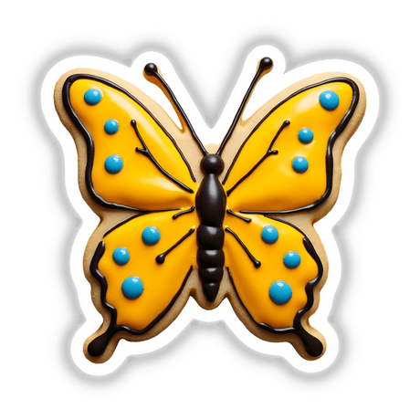 Butterfly Shaped Cookie with Yellow Wings and Blue Dots, available as stickers or digital artwork, featuring detailed blue dots on yellow wings.