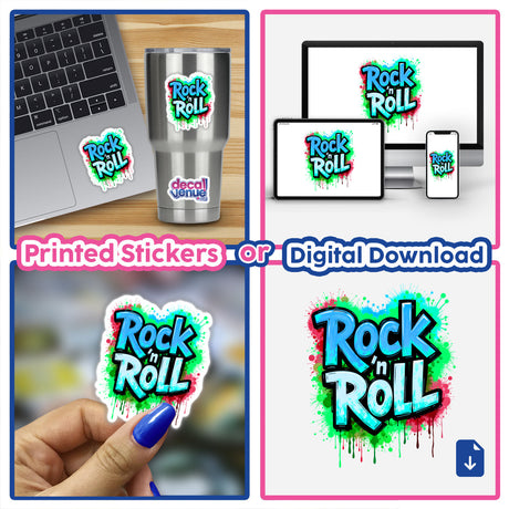 Collage featuring Rock 'n Roll Graffiti Art as stickers and digital artwork, displaying a laptop adorned with a vibrant logo sticker, emphasizing Decal Venue's unique artistic offerings.