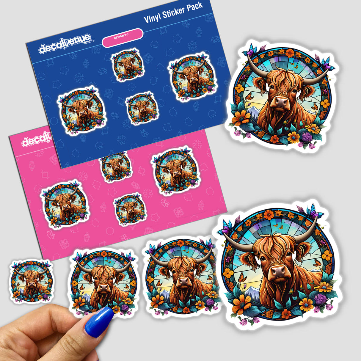 Decorative floral and butterfly-themed stickers featuring a Highland cow with whimsical, colorful designs. The stickers are presented on a packaging sheet for the Decal Venue store, showcasing the artistic, nature-inspired digital artwork.