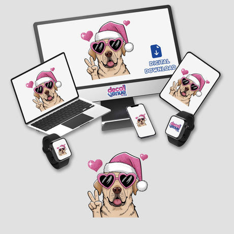 Pink Santa Lab Labrador Dog Peace Sign on a computer monitor and laptop screen, featuring a dog wearing a Santa hat and sunglasses, available as stickers or digital artwork.