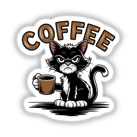 Grouchy Morning Coffee Cat illustration featuring a cartoon cat holding a coffee cup, available as stickers or digital artwork, perfect for expressing morning moods.