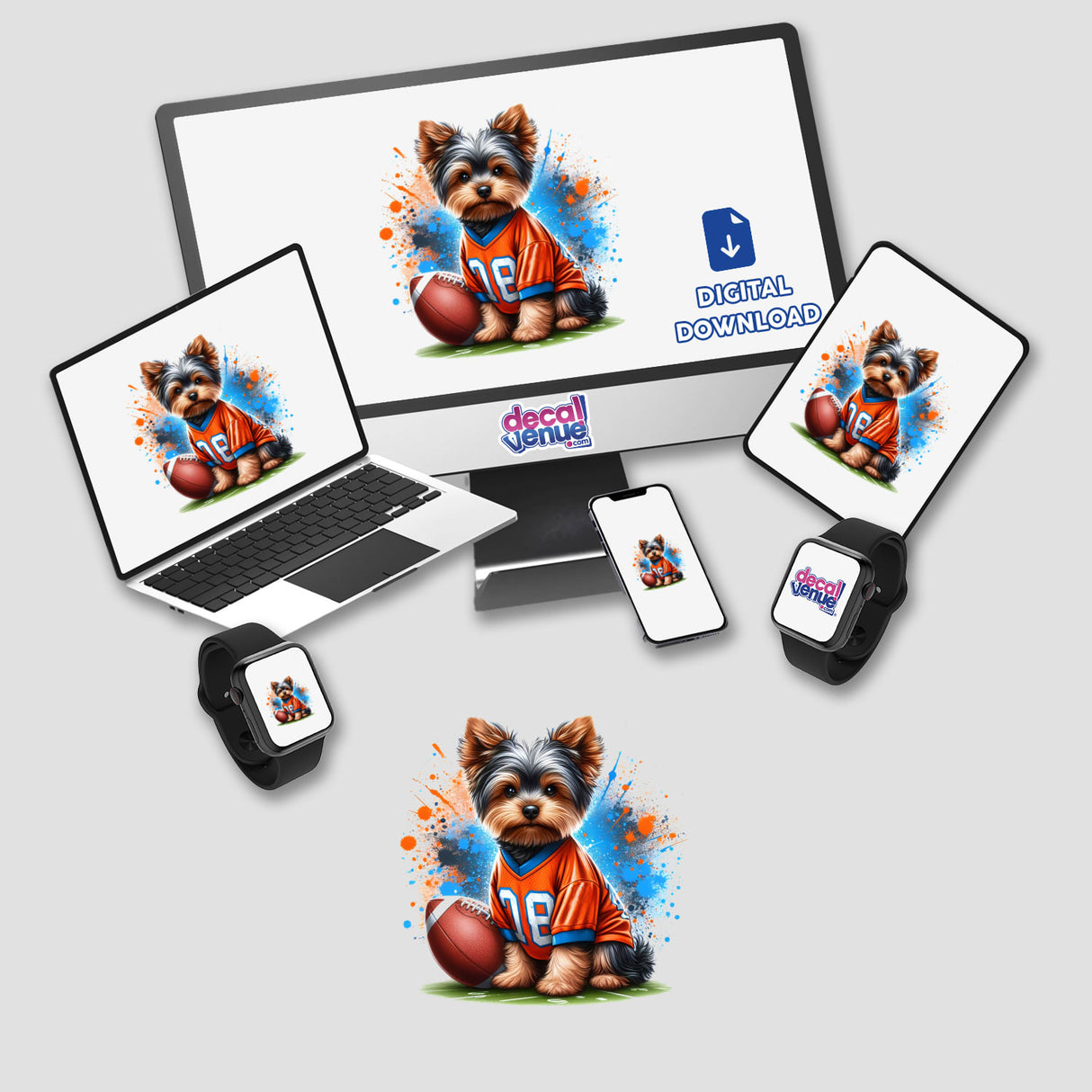 Yorkie Dog in Orange and Blue Football Jersey displayed on a computer monitor and laptop, available as unique stickers or digital artwork from Decal Venue.