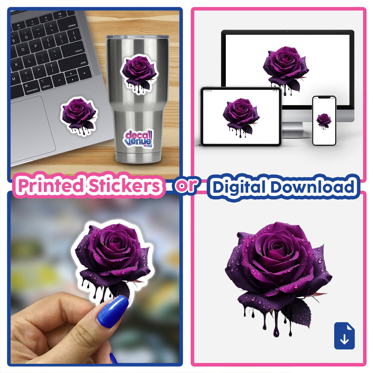 Gothic Dripping Purple Rose artwork featuring a vibrant purple rose with water droplets. Available as stickers or digital art, ideal for unique and expressive decor from Decal Venue.