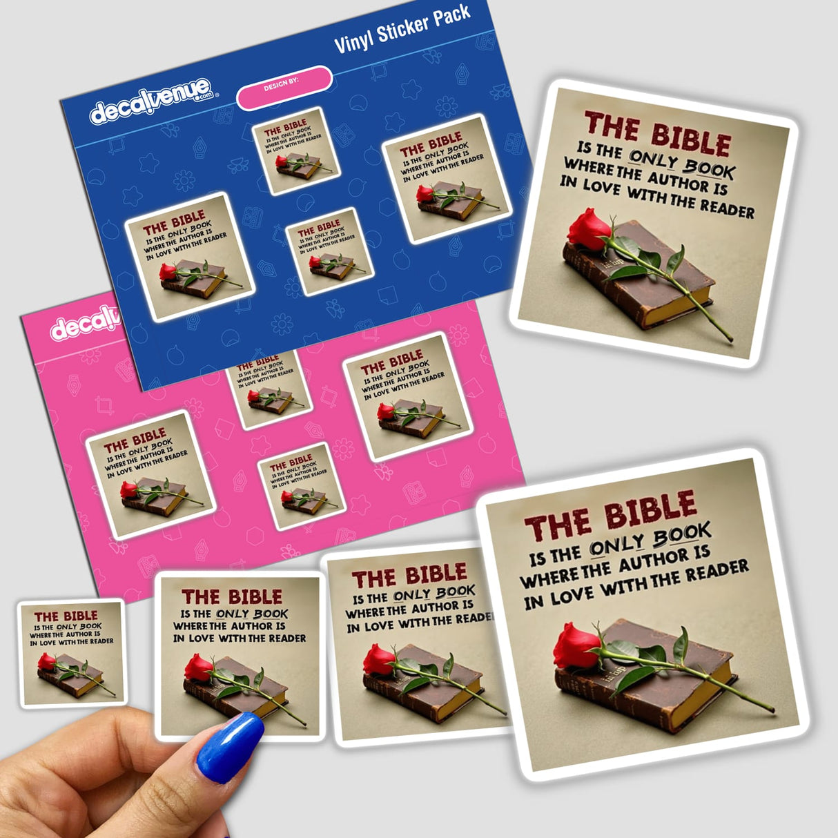 Inspirational Bible Quote Sticker pack held in hand, featuring faith-based clipart. Available as stickers or digital artwork for commercial use, reflecting Decal Venue's unique sticker and digital art offerings.