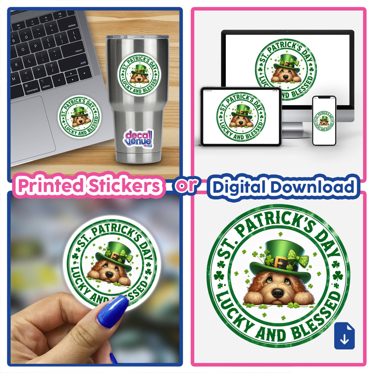 Collage of St Patricks Lucky and Blessed Goldendoodle stickers and digital art, featuring a Goldendoodle with a hat and clovers, perfectly capturing Decal Venue's unique style.