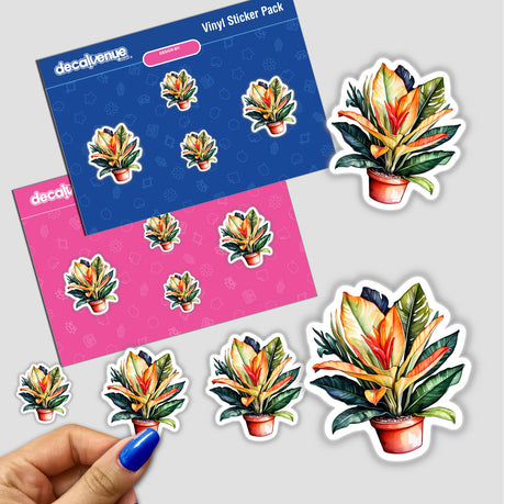 Hand holding an Exotic Leaves and Sansevieria Sticker pack featuring watercolor tropical plant art, showcasing various detailed flower and plant designs. Available as stickers or digital artwork.