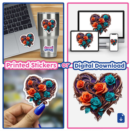 Collage featuring the Heart-Shaped Ornament with Copper Swirls, Orange and Teal Roses, and Purple Glitter Accents, depicted as stickers on a stainless steel cup and laptop.