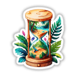 Tropical Hourglass Sticker featuring a whimsical sandglass scene with a beach, palms, and birds, capturing colorful ocean art. Available as unique stickers or digital artwork from Decal Venue.