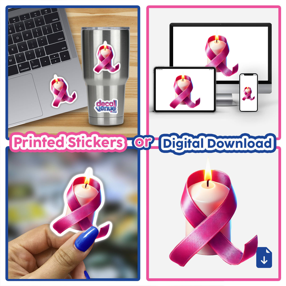 Collage showcasing 'Pink Ribbon and Candle Breast Cancer Awareness' with stickers and digital artwork, including a candle wrapped in a pink ribbon and pink ribbon stickers on various items.