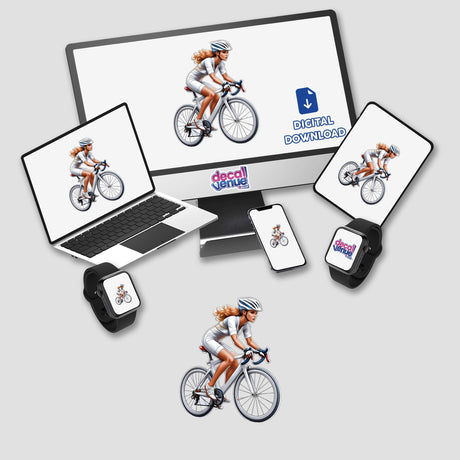 Cycling digital artwork by ArtMix featuring a woman cyclist in athletic gear riding a bicycle, available for digital download at the Decal Venue store.