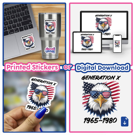 An American flag-inspired eagle design with the text "Generation X 1965-1980" displayed on various digital and physical products, including a laptop, smart device, and printed sticker. The image showcases the versatile application of this patriotic digital artwork.