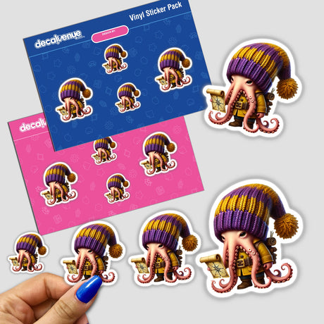 Colorful octopus gnome with treasure map vinyl stickers, presented by DecalVenue, a digital art and sticker store.