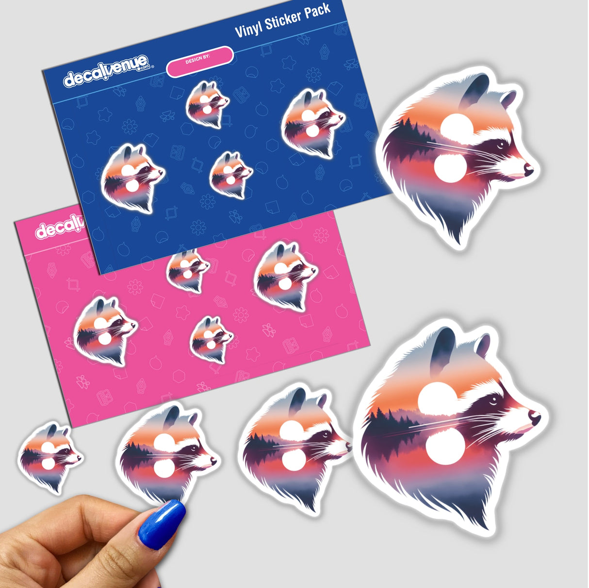 Sticker pack featuring a raccoon head titled Raccoon Face Sunset, highlighting various designs, including a raccoon with sunset, perfect for fans of unique stickers and digital artwork.