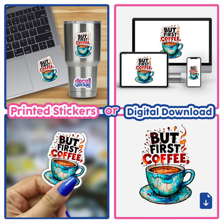 But First Coffee Quote' sticker featuring a laptop with a coffee cup, perfect for adding a caffeinated touch to your space. Available as stickers or digital artwork.