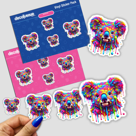 Psychedelic Neon Drip Koala sticker featuring vibrant, colorful koala bears with paint-like drips, available as unique stickers or digital artwork from Decal Venue.