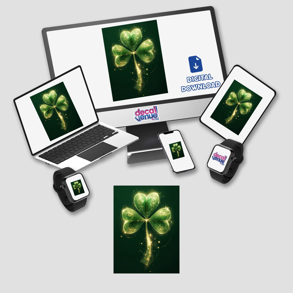 Ethereal Shamrock – Glowing Clover with Delicate Gold Swirls displayed on a computer monitor, laptop, tablet, smartphone, and smartwatch, showcasing its versatility as stickers or digital artwork.