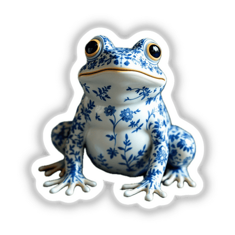 Chinoiserie Frog depicted as a blue and white cartoon-style frog with floral accents, available as stickers or digital art from Decal Venue.