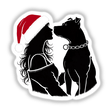 Silhouette of a woman in a Santa hat beside a Pitbull, representing Christmas Santa Lady Loves Her Pitbull Dog II, available as unique stickers or digital artwork from Decal Venue.